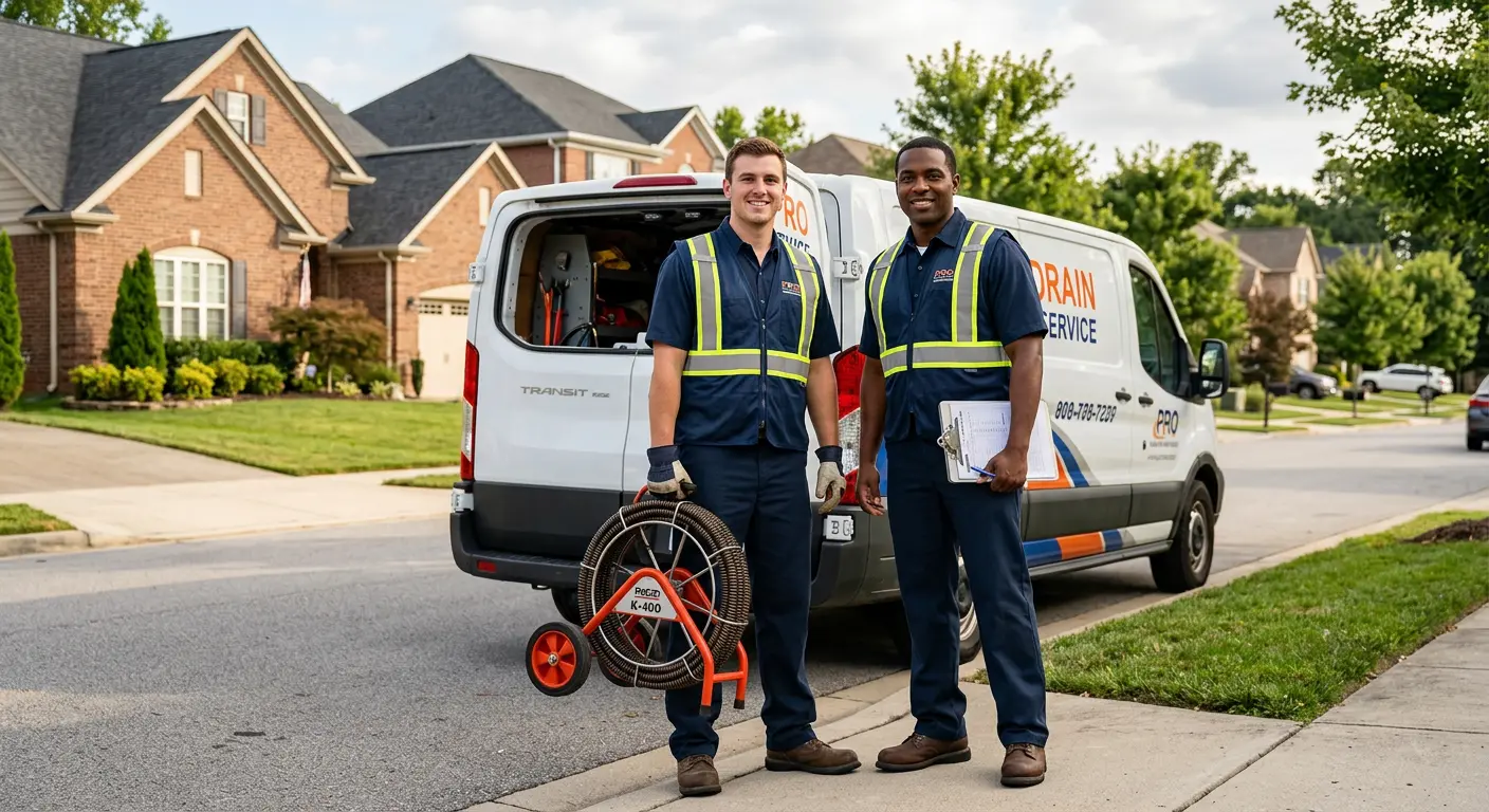 Sewer and drain service team with equipment ready for work in East Bridgewater