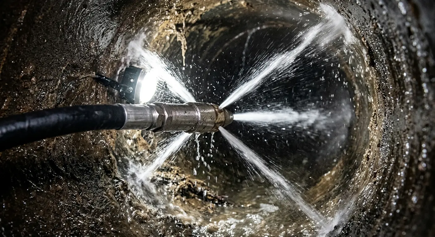 High-pressure hydro jetting nozzle cleaning sewer pipe for Trenchless Sewer Repair in East Bridgewater