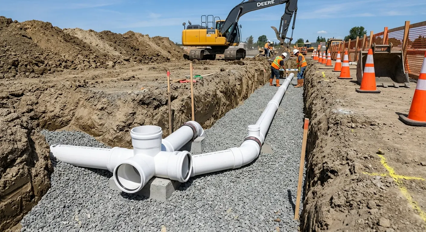 New PVC sewer pipe installation in open trench for Commercial Drain Cleaning in East Bridgewater