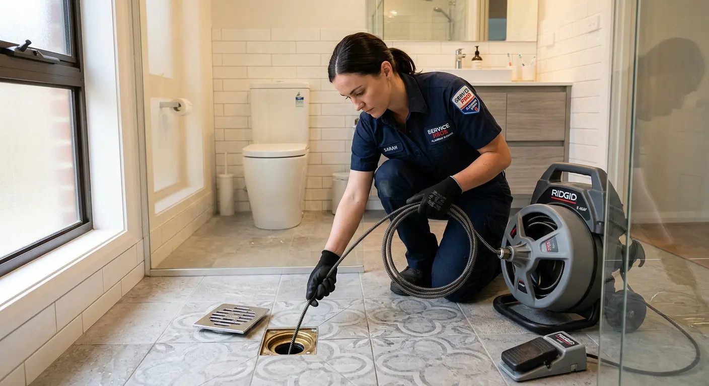 Technician clearing a bathroom floor drain for Drain Cleaning in East Bridgewater
